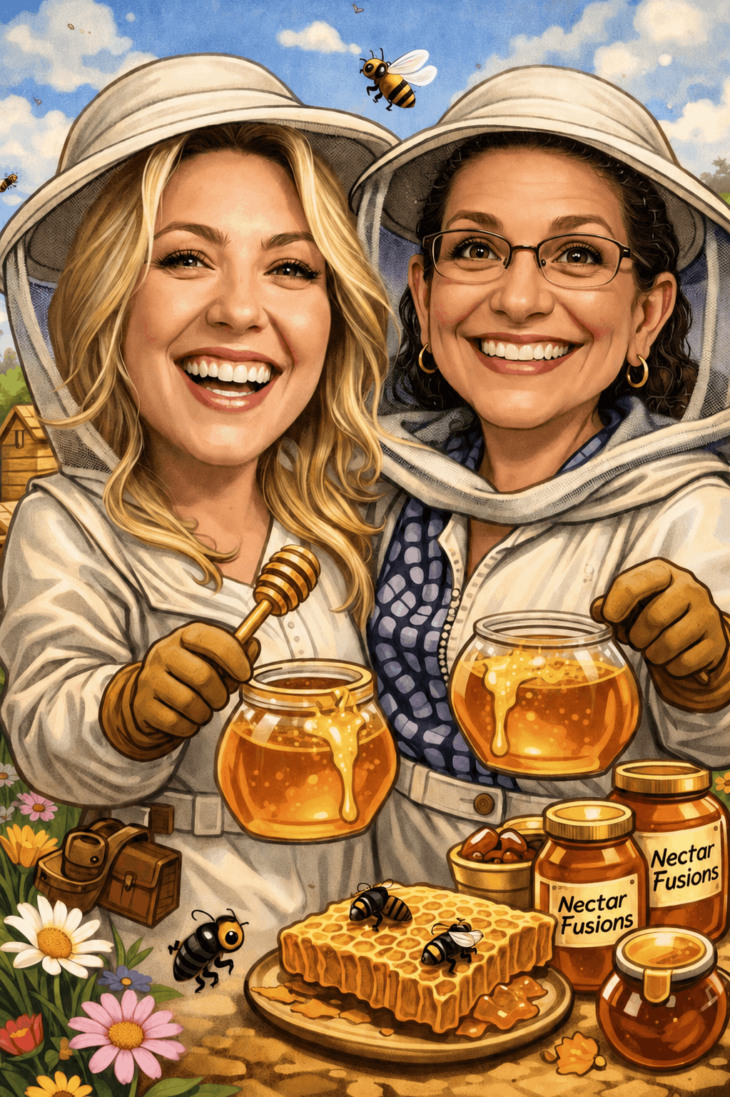 The NectarFusions founders wearing beekeeping suits and holding jars of honey
